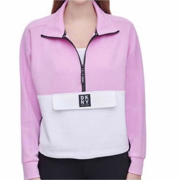 DKNY Sport Pink Colorblock 1/4 Zip Sweatshirt Front Pocket Large - Picture 1 of 10